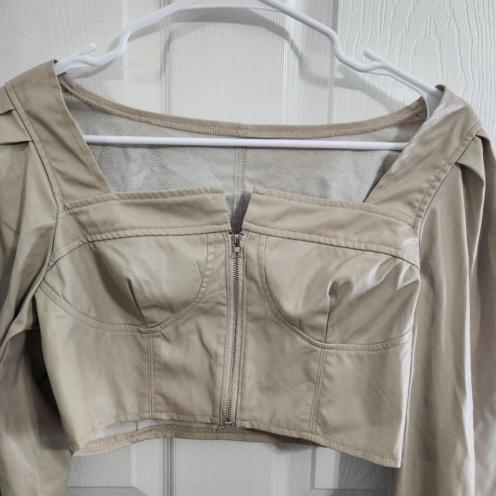 Coquette milkmaid corset beige cropped faux leather balloon statement sleeve SM - Picture 3 of 10